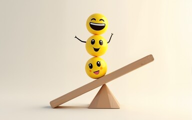 emoji emoticons vertically arranged with seesaws, emotional control for career success and wellbeing concept, 3d render illustration. High quality