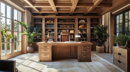 A home office with wood details, ceiling beams, and green plants feels warm and airy, ideal for focus and creativity.