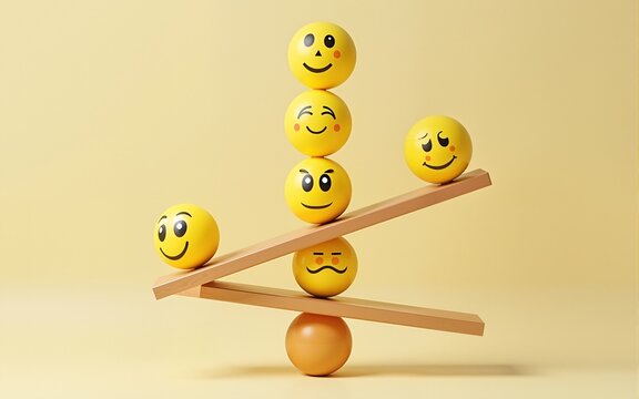 emoji emoticons vertically arranged with seesaws, emotional control for career success and wellbeing concept, 3d render illustration. High quality