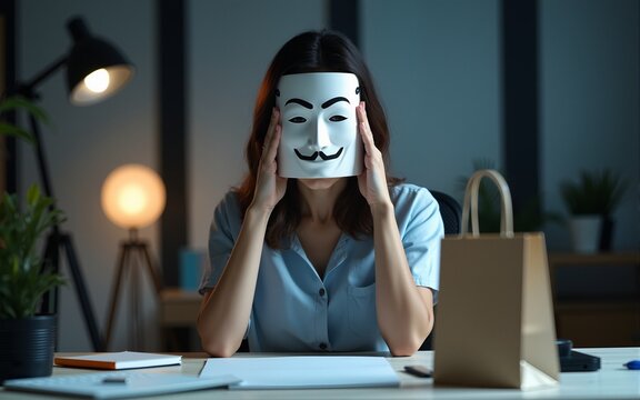 Young Asian businesswoman sit on desk wear draw sad mask paper craft bag feel bad mood with fail work project in office at night. Anonymous lady mad and confuse with overwork, Work mental health.