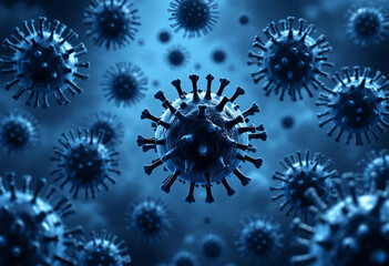 Human body virus microscope view with abstract blue background.
