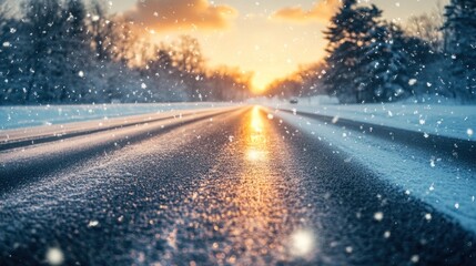 Naklejka premium Snowy road at sunset