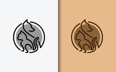Cat and dog logo design combined in circle with minimalist line art style. Animal vector logo symbol illustration.