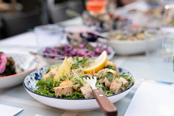 Helathy food as appetizer on a table. Food rolls made from meat and salad from vegetables. Buffet...