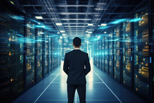 Businessman observing data center technology in modern facility at night