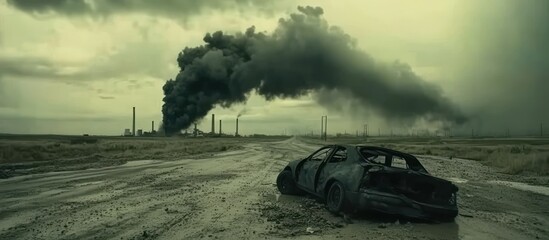 Wrecked car, polluted road, industrial smoke, apocalyptic landscape