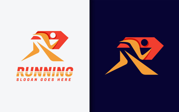 Abstract Letter R combined with running person silhouette in dynamic logo. Sport vector logo illustration.