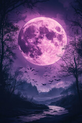 Fototapeta premium Spooky Night: Halloween Moon & Bats. A vibrant Halloween scene featuring a full moon, bats in flight, and a spooky landscape, perfect for T-shirt design.