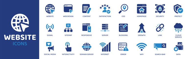 Website - Icon Collection. Thin Line Set contains such Icons as Web, Site, Page, URL, Browser, Domain, Hosting and more. Simple web icons set.