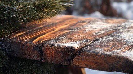 Rustic wooden table covered in snow