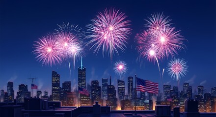 Vibrant fireworks illuminate the skyline during city celebration at night (Independence Day)
