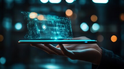 Tablet held in hand with a glowing AI holographic interface floating above, futuristic data streams