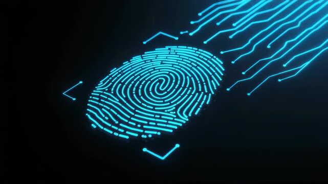 Glowing blue fingerprint circuit lines abstract technology background