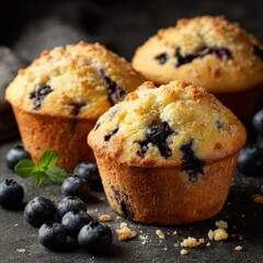 Freshly baked blueberry muffins with golden crust and juicy blueberries inside, served on dark background with scattered berries and mint leaves for a delicious breakfast