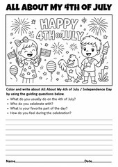 All About My 4th of July Writing & Coloring Prompt Worksheet for Elementary, Independence Day Activity, Patriotic Writing, American History