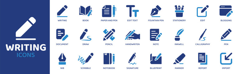 Writing - Icon Collection. Thin Line Set contains such Icons as Pen, Pencil, Paper, Notebook, Journal, Diary, Text and more. Simple web icons set.