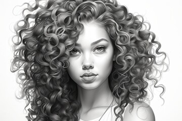 Fototapeta premium Portrait of a young woman with voluminous curly hair in black and white