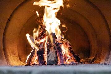 Wood burns in the stove close-up. Ready to cooking