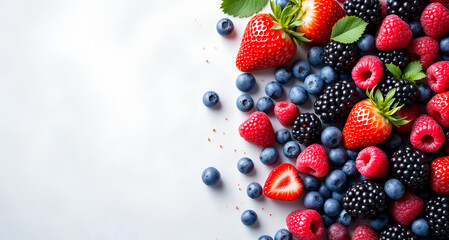 Fresh Mixed Berries on White Background with Space for Text or Design