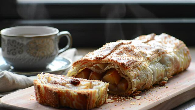 Apple strudel and coffee on a wooden board.