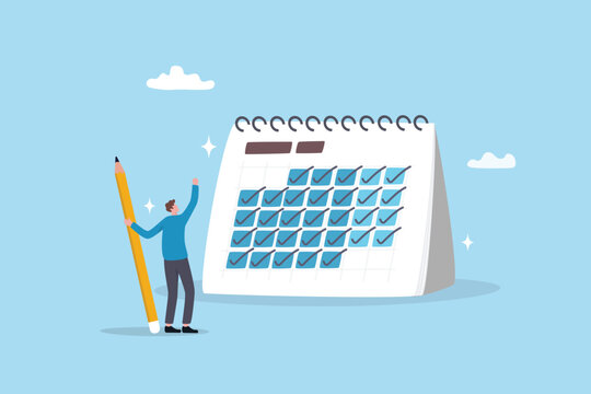 Consistency, discipline or calendar planning productivity, task organize, routine or deadline, complete checklist reminder or progress concept, businessman holding pencil tick every day on calendar.