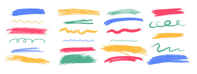 Colorful chalk underline and scrawl stroke set. Hand drawn pastel brush lines, wavy and curly underlines, crayon highlight elements.