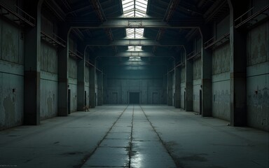 Abandoned Dark empty warehouse. Hall inside floor. Generate Ai. High quality