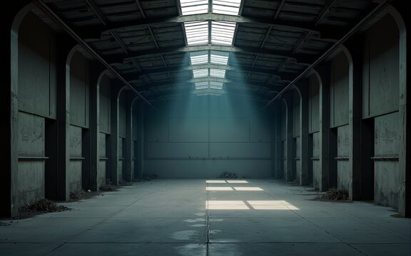 Abandoned Dark empty warehouse. Hall inside floor. Generate Ai. High quality