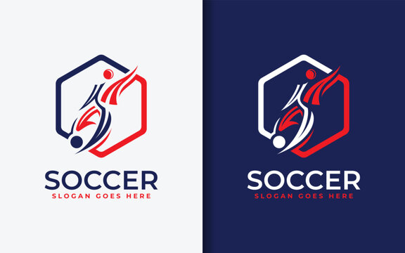 Abstract soccer logo with kicking player silhouette inside hexagon shape. Sport vector illustration.