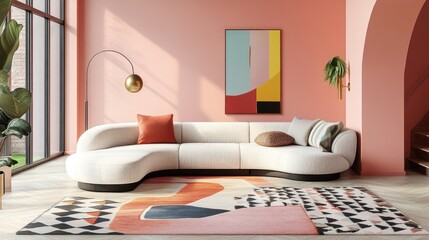 Bright modern living room featuring pastel pink walls, a trendy curved sofa, and a geometric-patterned rug.