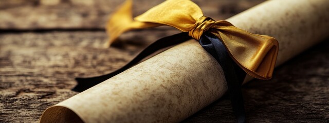 Rolled Parchment Document Tied with Gold and Black Ribbon on Wooden Surface