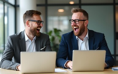 Two businessmen laughing out loud at workplace, office workers screaming with laughter and can not stop, funny positive emotions at work, cheerful colleagues having fun sitting at desk with laptops