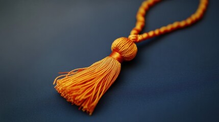 Close up of Amber Orange Tassel and Beaded Cord on Dark Blue Background