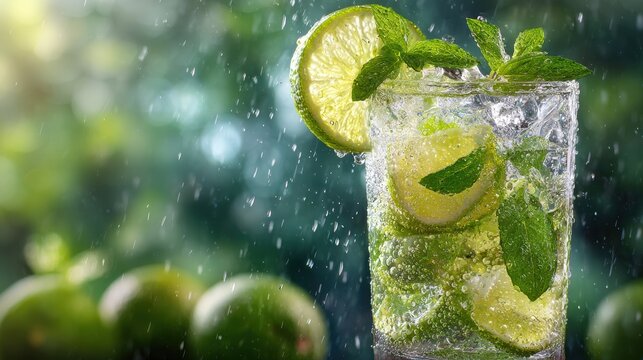 Refreshing lime and mint infused sparkling water in a glass on a sunny outdoor background with droplets splashing for a cooling summer beverage scene