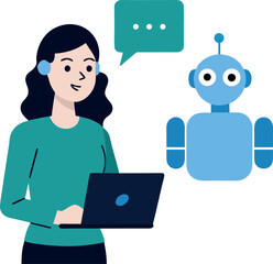 Woman Showing Presentation on Laptop with AI Bot Beside