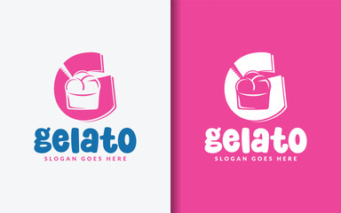Cute logo combining letter G with gelato cup in minimalist pastel color style.