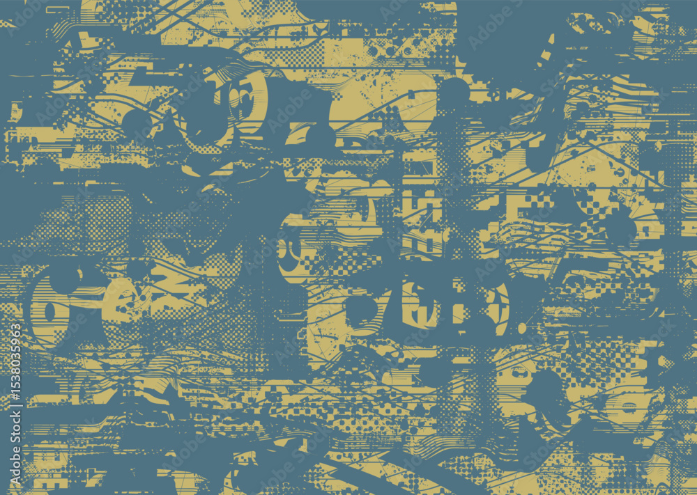 Poster Glitch distorted geometric shape . Noise destroyed logo . Trendy defect error shapes . Glitched frame .Grunge textured . Distressed effect .Vector shapes with a halftone dots screen print texture.
