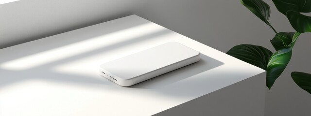 Minimalist White Smartphone Mockup on a Table with Plant Leaves