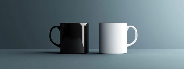 Two Coffee Mugs Black and White on Blue Background Minimalist Design Studio Shot