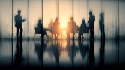 Silhouettes of business people in front of large window. A blurred meeting of people and business. A conference room in the office building with a computer. Lifestyle shadows of professionals.