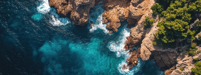 Aerial View of Dramatic Coastal Cliffs Turquoise Ocean Waves Crashing on Rocky Shore