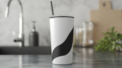 Modern White and Black Tumbler with Straw Kitchen Countertop Mockup