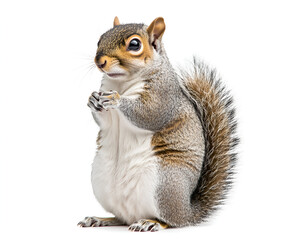 Grey squirrel, standing upright, looking directly at the camera, against a plain white background.