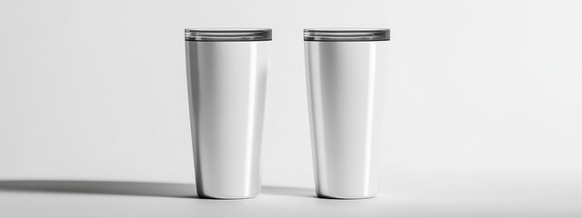 Two Blank White Stainless Steel Tumblers with Lids Mockup Template Design