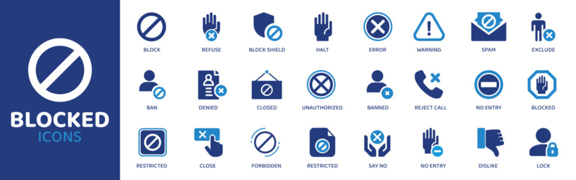 Blocked - Icon Collection. Thin Line Set contains such Icons as Blocked, Stop, Ban, Denied, Cancel, Error, Forbidden and more. Simple web icons set.
