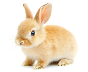 Obraz premium A small, light brown rabbit sits attentively against a clean white background, its ears erect and eyes bright.