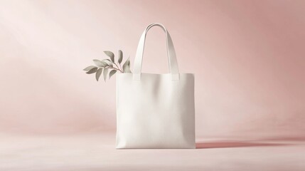 Elegant White Tote Bag Mockup with Greenery on Pink Background