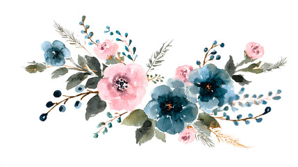 Vintage floral bouquet in pink and blue watercolor with delicate feathers, evoking timeless elegance and soft romance