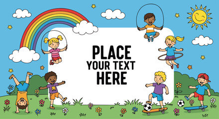 Adobe illustrator artwork vector illustration featuring a blank banner template, surrounded by happy kids enjoying various summer activities. Emphasizing happy kids and healthy kids lifestyle