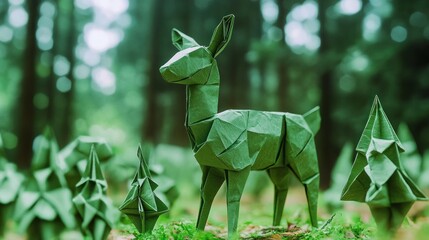 Origami Deer in Forest Setting Intricate Paper Art